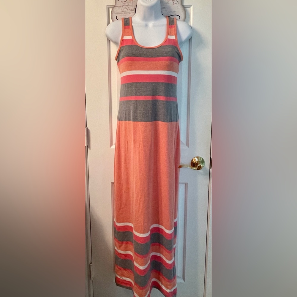 Popsicle Orange, heather grey & white striped maxi dress in Cotton